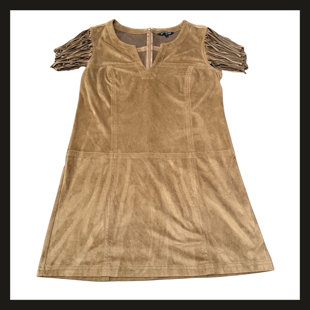 Express Faux Suede Fringe Sleeve Shift Dress Tan Brown Women’s Medium Boho EUC